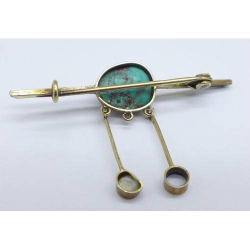 1100 - A yellow metal, turquoise and pearl brooch, 3g, a/f