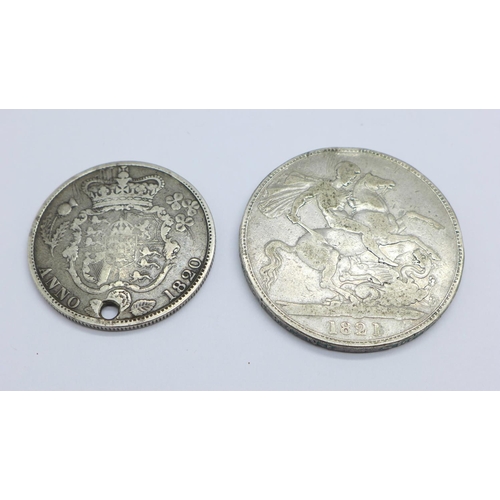 1101 - A George IIII half crown, drilled, 13.5g and a George III crown, 27.6g