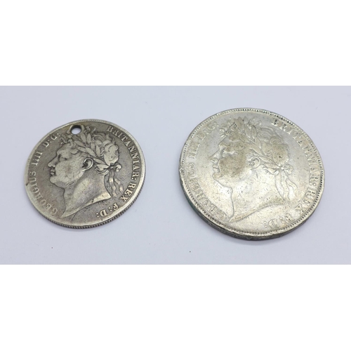 1101 - A George IIII half crown, drilled, 13.5g and a George III crown, 27.6g