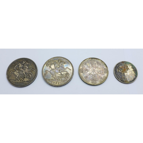 1105 - Two Victorian crowns, 1889 and 1893, a florin and a double florin, (4), 90.2g