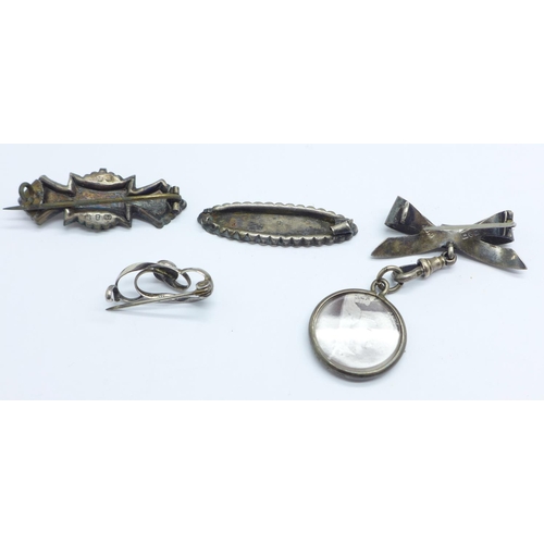 1107 - A Charles Horner brooch and three other silver brooches, Baby brooch lacking pin