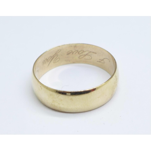 1108 - A 9ct gold wedding band, engraved I LOVE YOU, 3.4g, S