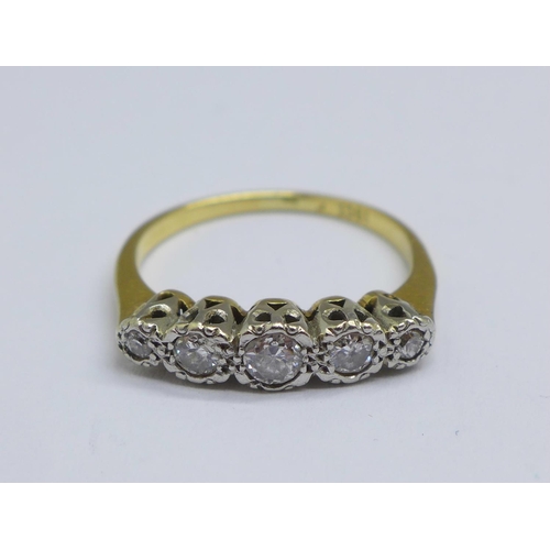 1115 - An 18ct gold and five stone diamond ring, 2.7g, L