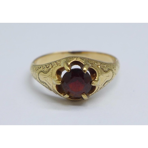 1116 - A 19th Century yellow metal and garnet ring, 3.8g, P (a/f, signs of old repair on shank)