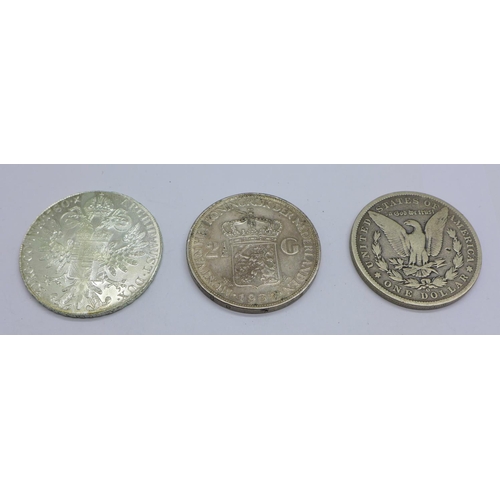 1122 - Three silver coins:- US 1904 dollar, Netherlands 2 1/2G and an Austrian Maria Theresa Thaler