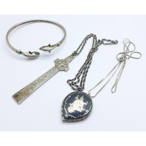 1123 - Two silver pendants and chains and a bangle