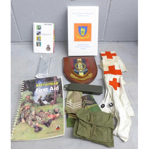 1149 - Royal Medical Corps arm bands, a sewing kit, books, an epipen for training, etc.