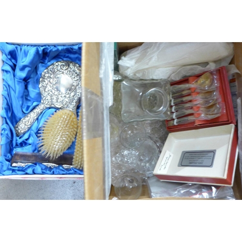 1160 - A silver plated vanity set, six teaspoons, boxed, and mixed glass **PLEASE NOTE THIS LOT IS NOT ELIG... 