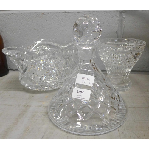 1184 - A cut glass decanter and two others **PLEASE NOTE THIS LOT IS NOT ELIGIBLE FOR POSTING AND PACKING**