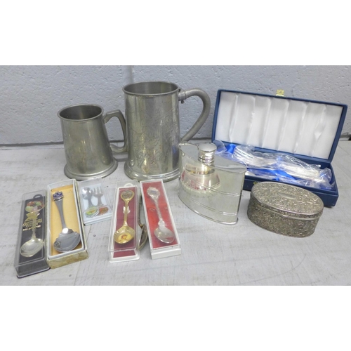 1190 - Two pewter tankards, a plated hip flask and a collection of plated and gold plated spoons **PLEASE N... 