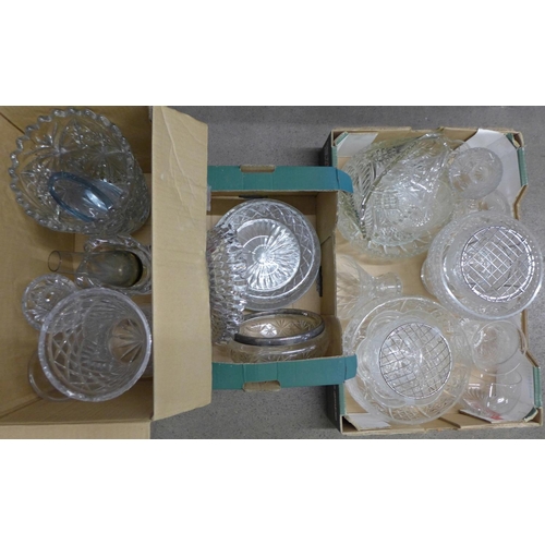 1203 - Two boxes of crystal and glass, two large bowls, a large moulded glass vase, other vases, etc., one ... 