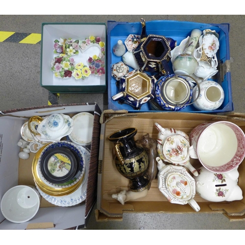 1204 - Four boxes of mixed china; teapots, vases, posy ornaments, Sadler piggy bank, two daschunds, etc. **... 