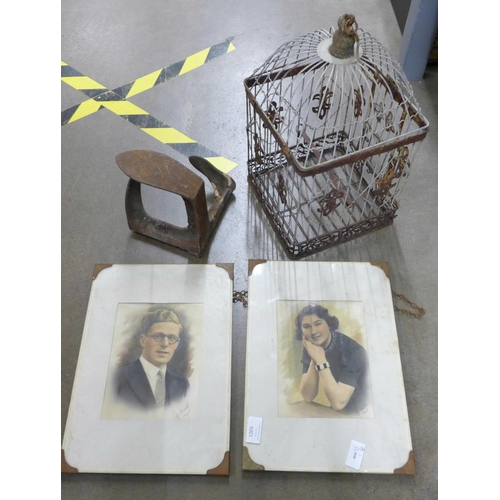 1209 - A bird cage, two framed photographs and a shoe last **PLEASE NOTE THIS LOT IS NOT ELIGIBLE FOR POSTI... 