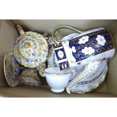 1213 - Four Royal Crown Derby plates, a Royal Crown Derby coffee pot, a Sadler chintz tea pot, cup and sauc... 