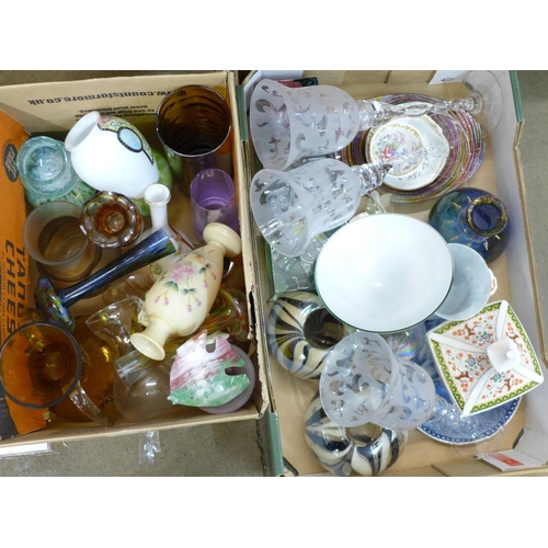 1215 - Two boxes of china and coloured glass **PLEASE NOTE THIS LOT IS NOT ELIGIBLE FOR POSTING AND PACKING... 