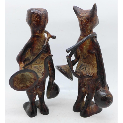 617 - Two novelty cast metal fox hunting themed figures, fox and hound, 17.5cm