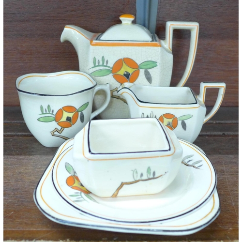 626 - A Bursley Ware Art Deco tea set for one, milk jug a/f, all pieces crazed