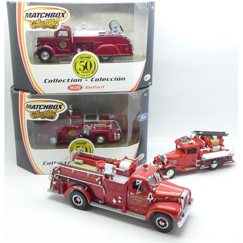 628 - Four model American Fire trucks, including two Matchbox Collectables, 1953 Ford F-100 and 1939 Bedfo... 