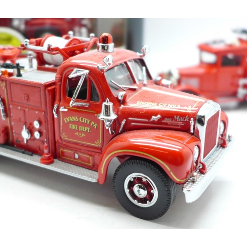 628 - Four model American Fire trucks, including two Matchbox Collectables, 1953 Ford F-100 and 1939 Bedfo... 