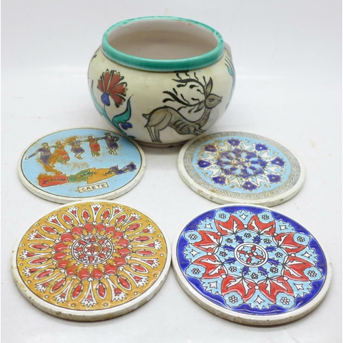 630 - Greek ceramics; Icaro Rodi hand painted bowl and four Katsidonitois coasters