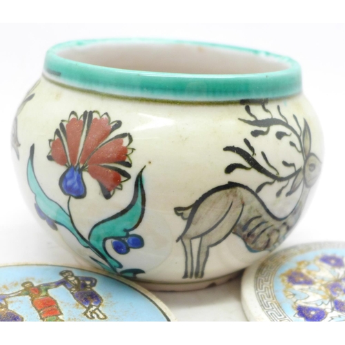 630 - Greek ceramics; Icaro Rodi hand painted bowl and four Katsidonitois coasters