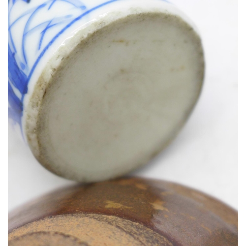 631 - A Chinese terracotta bowl, blue and white vase and a painted porcelain dish (with rim chip)