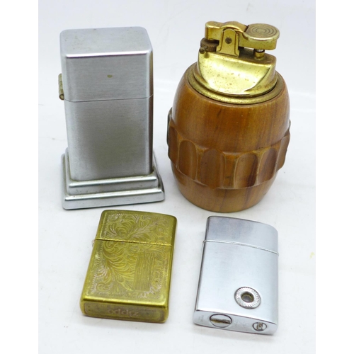 636 - Two table lighters and Zippo and Colibri lighters