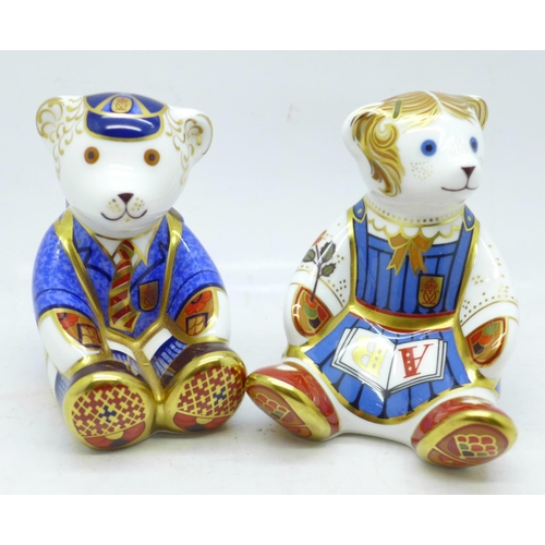 640 - A pair of Royal Crown Derby paperweights, School Girl Teddy and School Boy Teddy, both with gold sto... 