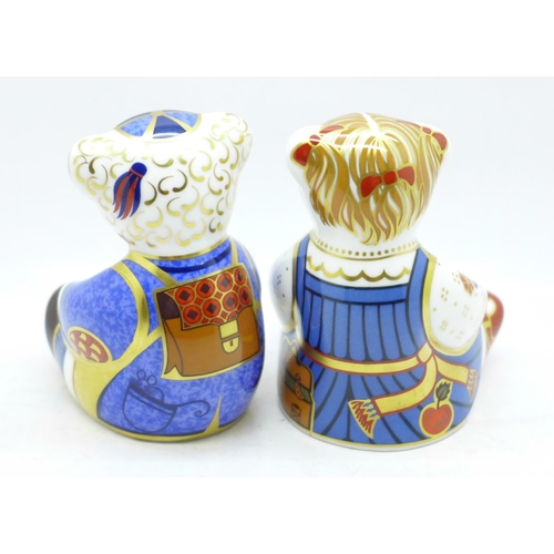 640 - A pair of Royal Crown Derby paperweights, School Girl Teddy and School Boy Teddy, both with gold sto... 