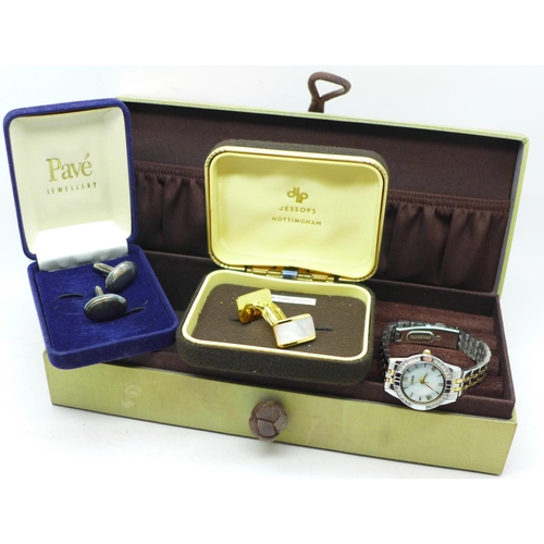 645 - A lady's Lorus quartz wristwatch, two pairs of cufflinks and a jewellery box