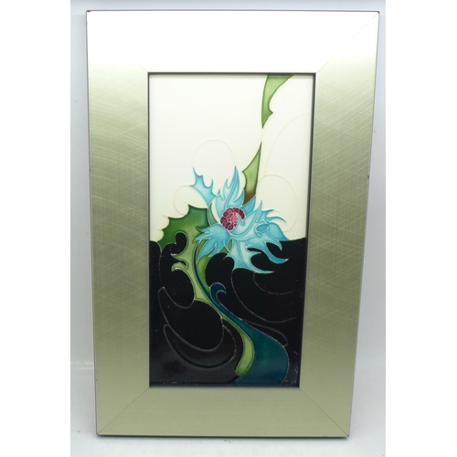 649 - A Moorcroft framed tile, 'Sea Holly' design, 28cm x 18cm