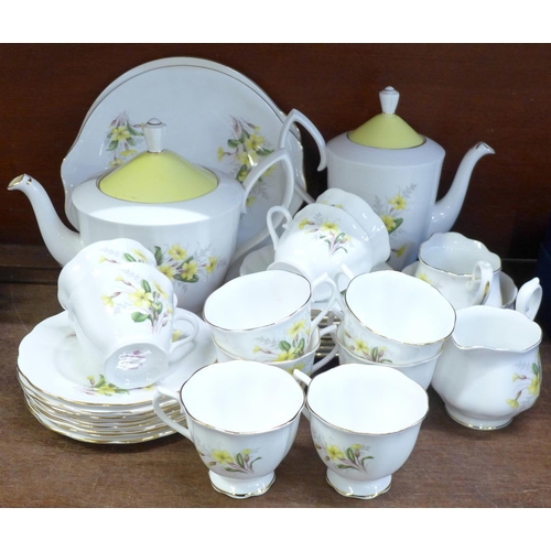 659 - Royal Albert Primrose tea wares and a coffee pot, teapot lid a/f