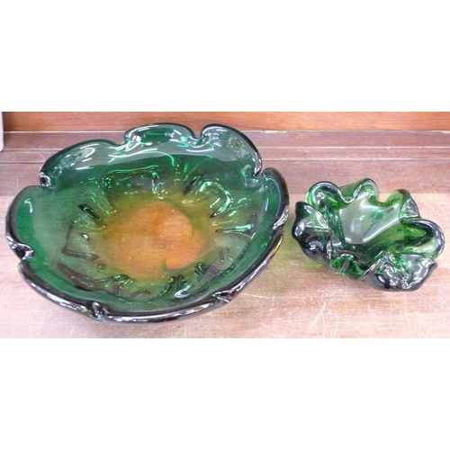 679 - A heavy glass bowl, 32cm, and ashtray, possibly Murano