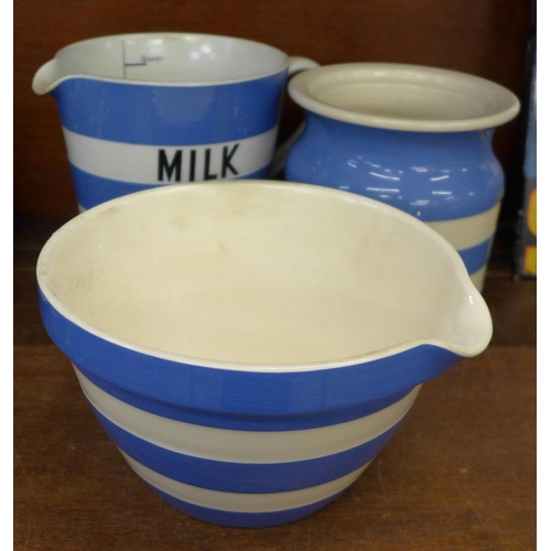 687 - Three items of T.G. Green, milk jug, bowl with spout and utensil jar, utensil jar lacking lid