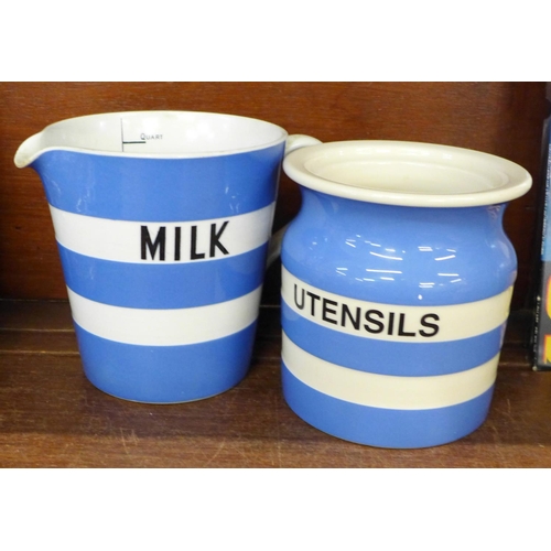 687 - Three items of T.G. Green, milk jug, bowl with spout and utensil jar, utensil jar lacking lid