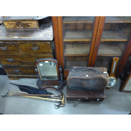 249 - A Victorian pine writing slope, two suitcases, toilet mirror, etc.