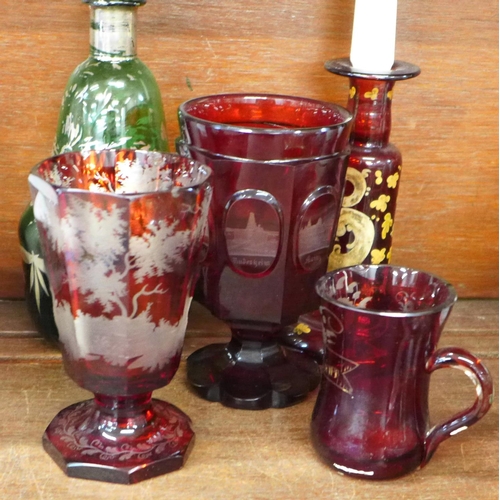 695 - A collection of glassware including Bohemian glass, one vase a/f