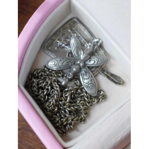 697 - A jewellery box with a dragon scent bottle and costume jewellery