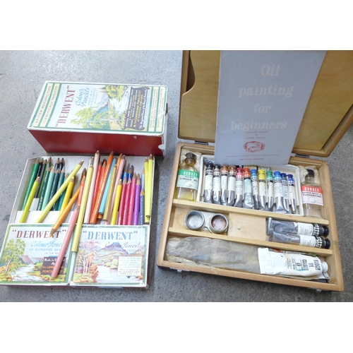 711 - A Rowney oil colour sketch box and Dewent colour pencils