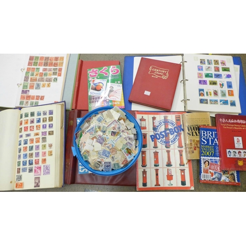 730 - A box of loose stamps, a collection of stamp books, three albums of stamps including English and wor... 