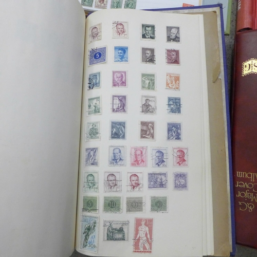 730 - A box of loose stamps, a collection of stamp books, three albums of stamps including English and wor... 