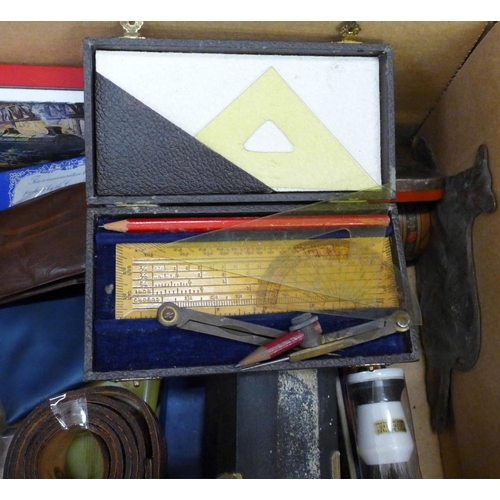 735 - A technical drawing set, cocktail sticks, brass plaques, etc.