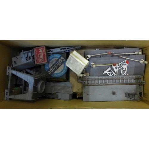 756 - Two boxes of railway accessories including buildings, track and a collection of Kitmaster plastic sc... 