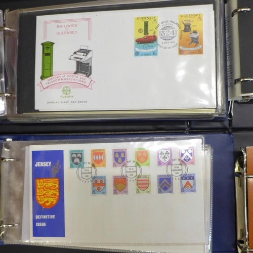 764 - Stamps:- Channel Islands presentation packs and First Day Covers in four albums