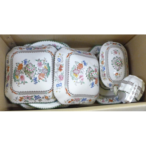 778 - Copeland Spode Chinese Rose china; five boxes of mixed teaware and dinnerwares, serving dishes, teap... 