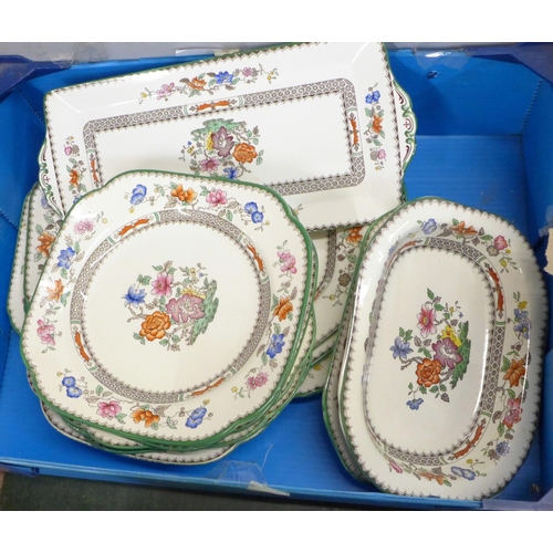 781 - Copeland Spode Chinese Rose china, four boxes of mixed tea and dinnerwares, large teapot, jugs, bowl... 