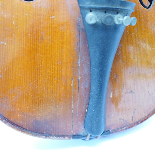 803 - A ¾ violin and bow, cased, length of back without button, 33.5cm