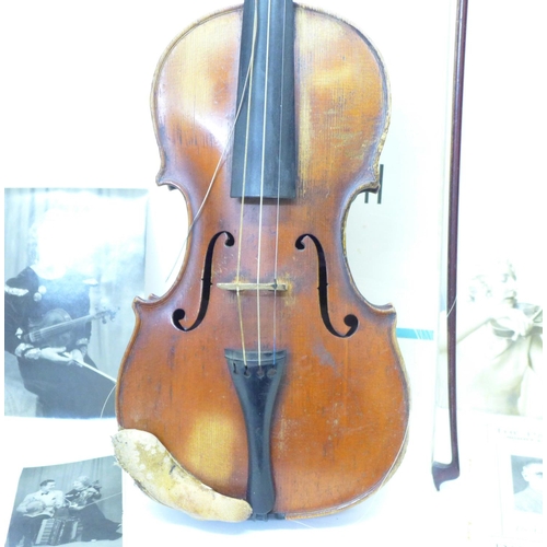 805 - A violin and bow, cased, once the property of Doris Delmar, with photographs and other ephemera, len... 