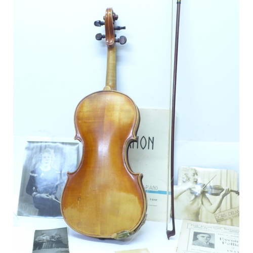 805 - A violin and bow, cased, once the property of Doris Delmar, with photographs and other ephemera, len... 