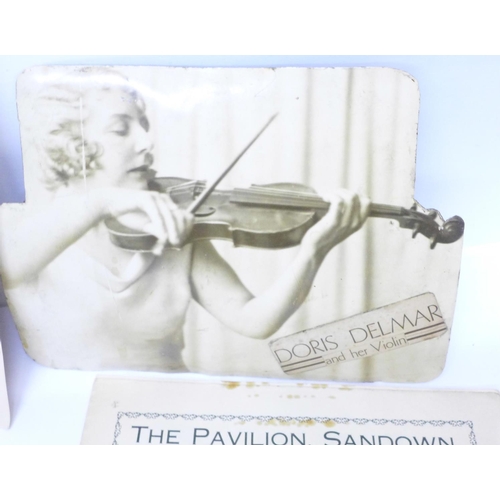 805 - A violin and bow, cased, once the property of Doris Delmar, with photographs and other ephemera, len... 